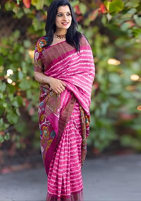 Pink Embroidered Linen Saree Set