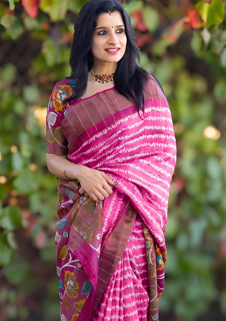Pink Embroidered Linen Saree Set