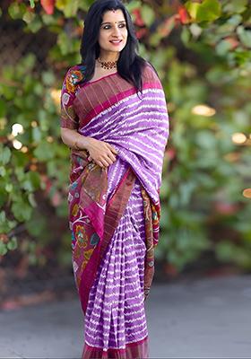 Purple Embroidered Linen Saree Set