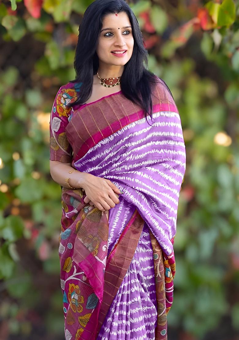 Purple Embroidered Linen Saree Set