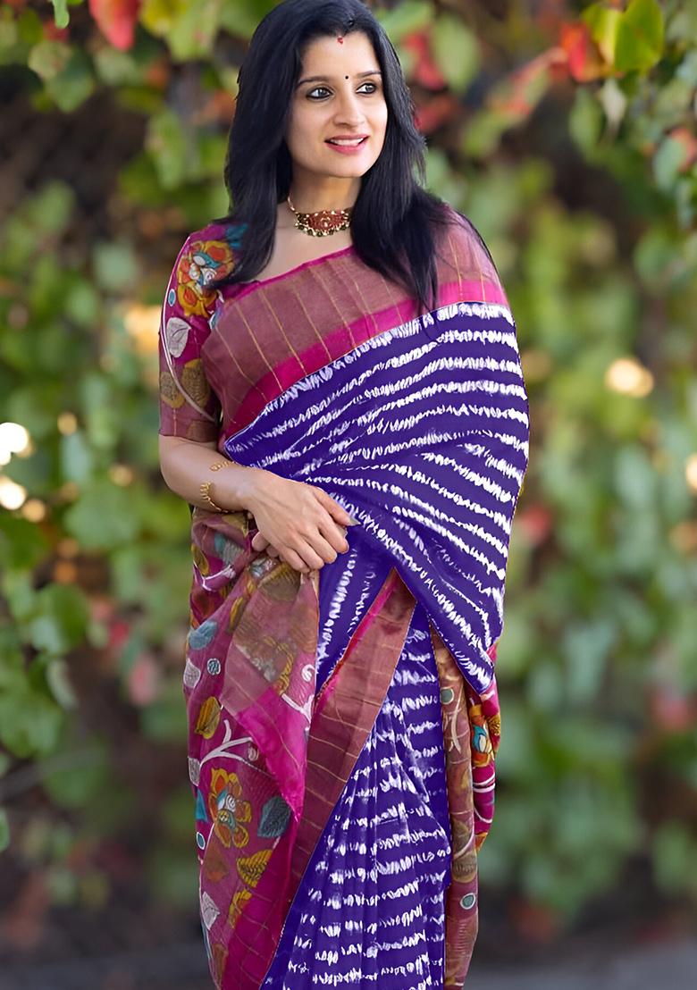 Royal Blue Embroidered Linen Saree Set