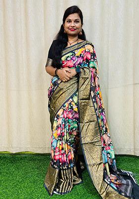 Black Embroidered Silk Saree Set