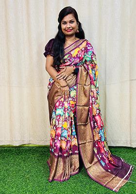 Purple Embroidered Silk Saree Set