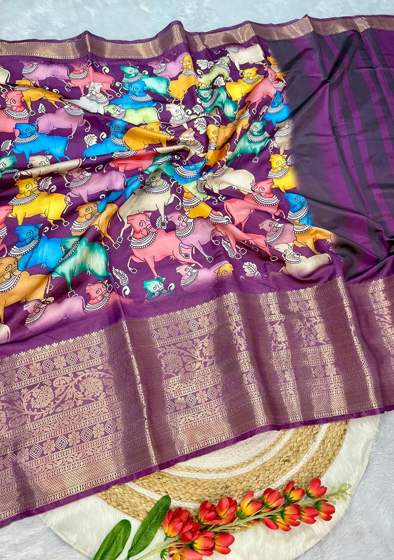 Purple Embroidered Silk Saree Set