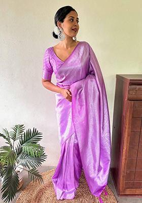 Purple Embroidered Silk Saree Set
