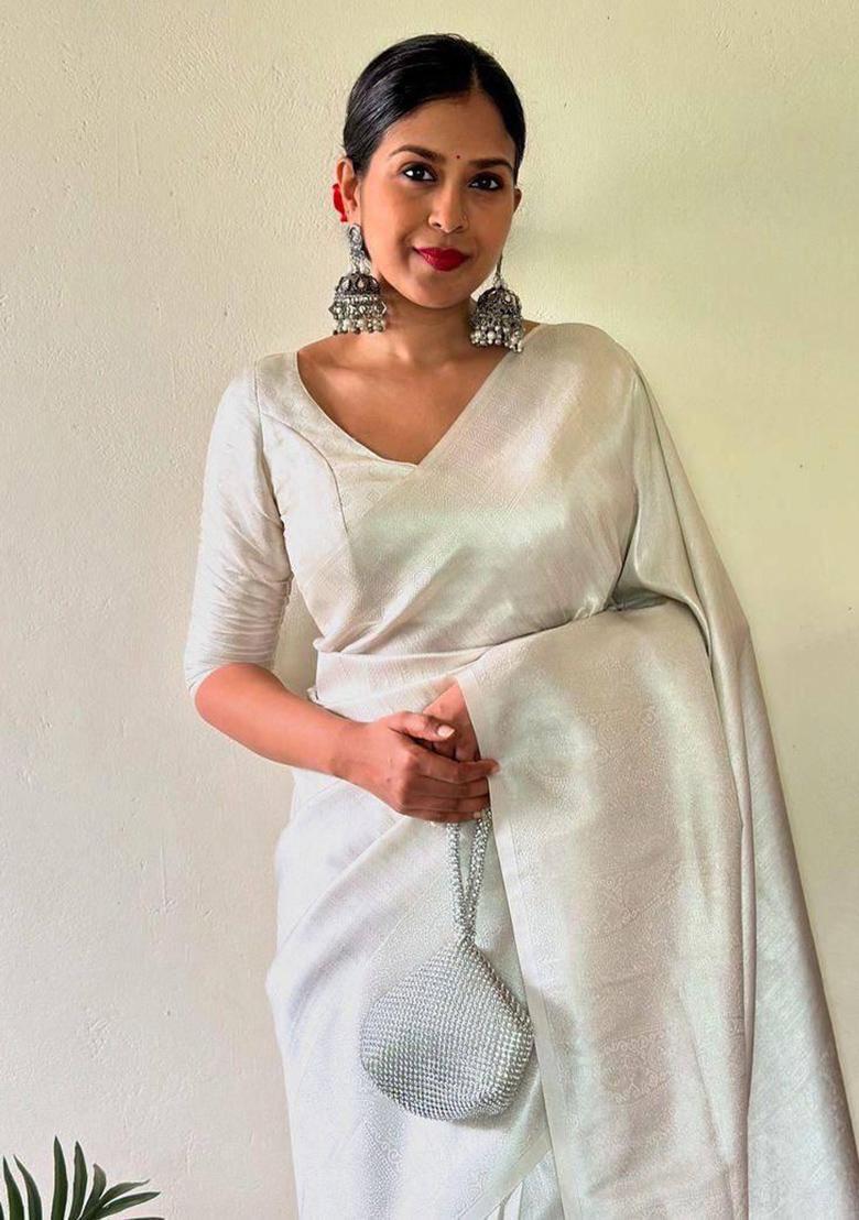 White Embroidered Silk Saree Set