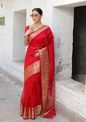 Red Embroidered Organza Saree Set