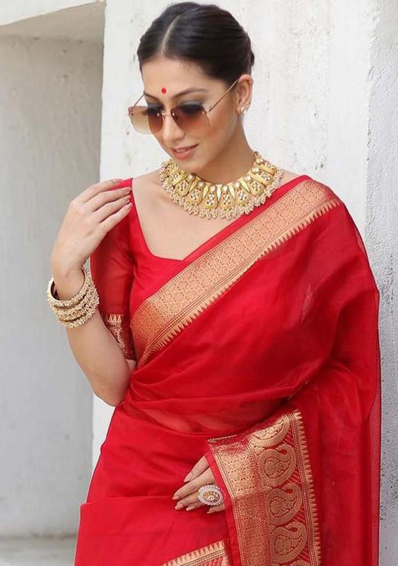 Red Embroidered Organza Saree Set