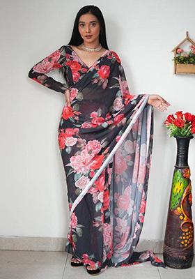 Black Embroidered Georgette Saree Set