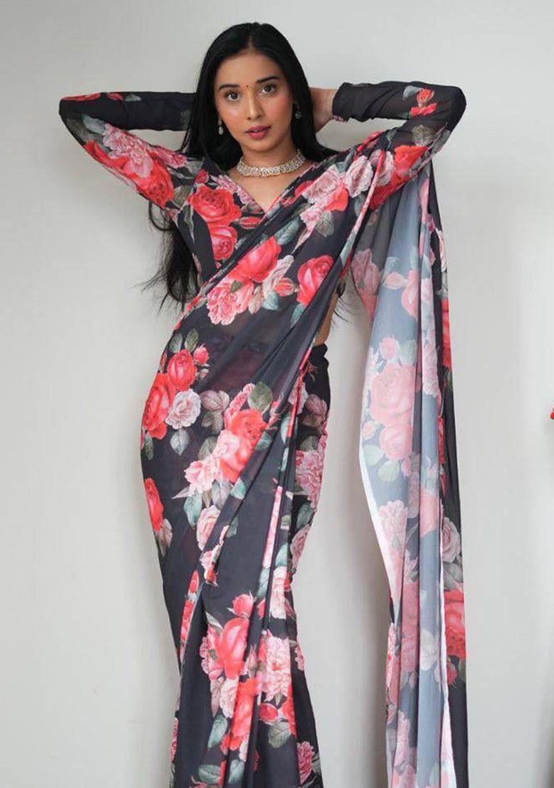 Black Embroidered Georgette Saree Set