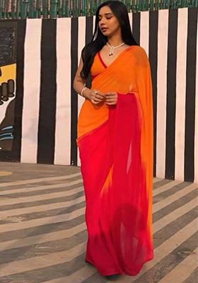 Orange Embroidered Georgette Saree Set