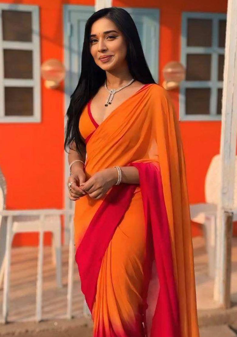 Orange Embroidered Georgette Saree Set