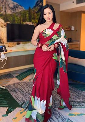 Red Embroidered Georgette Saree Set