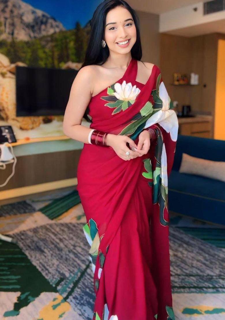 Red Embroidered Georgette Saree Set