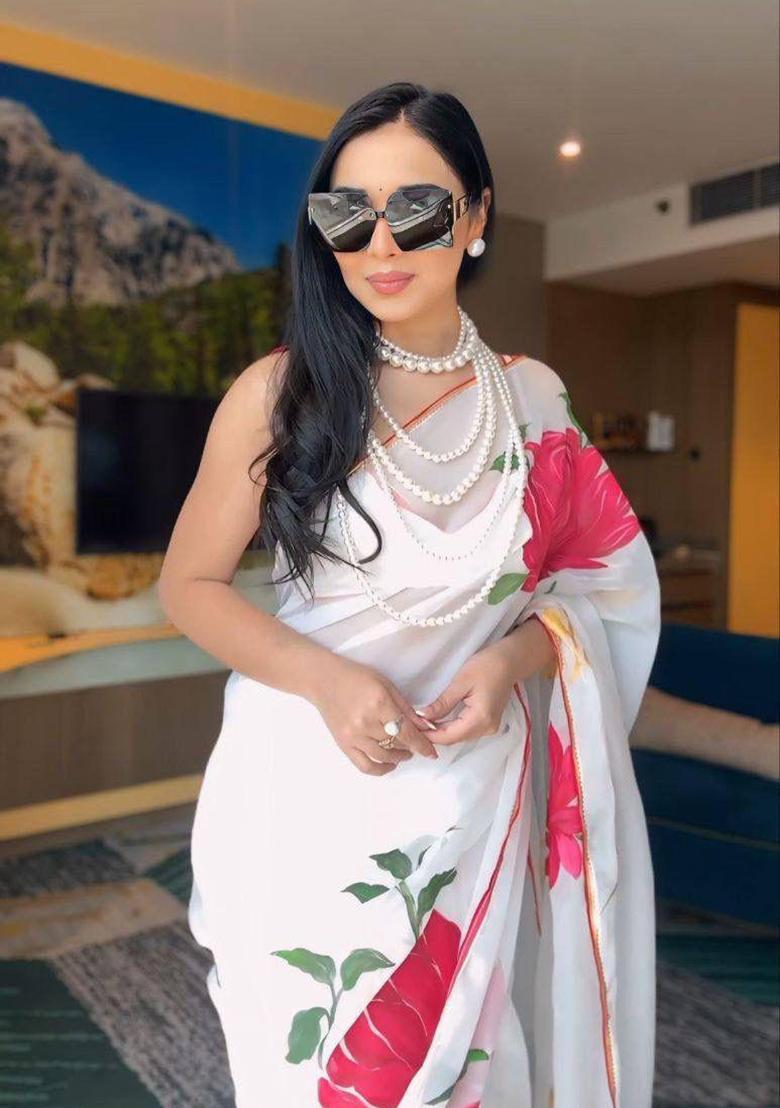 White Embroidered Georgette Saree Set