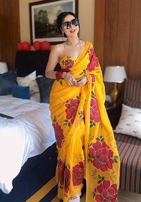 Yellow Embroidered Georgette Saree Set
