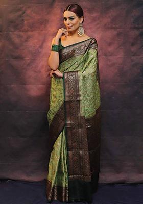 Olive Green Embroidered Silk Saree Set