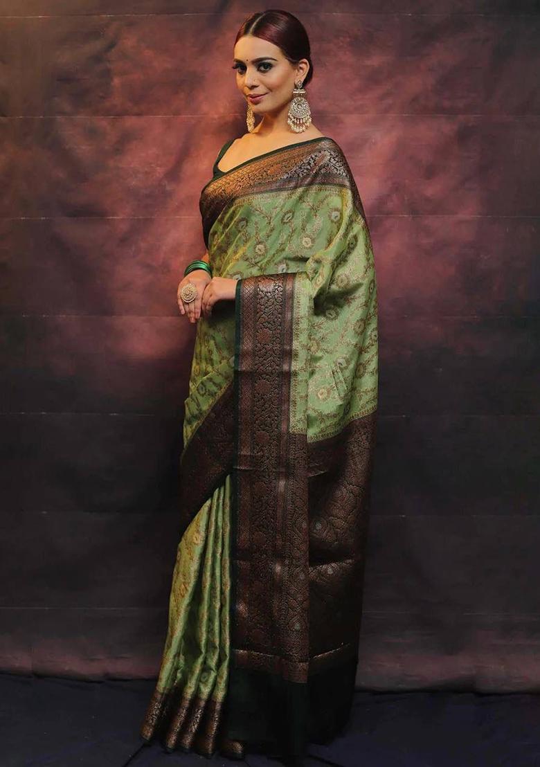 Olive Green Embroidered Silk Saree Set
