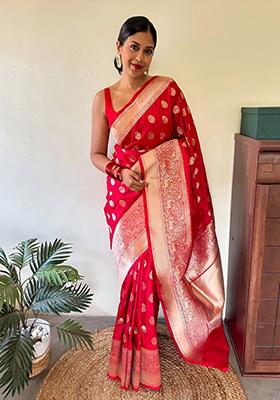 Red Embroidered Silk Saree Set