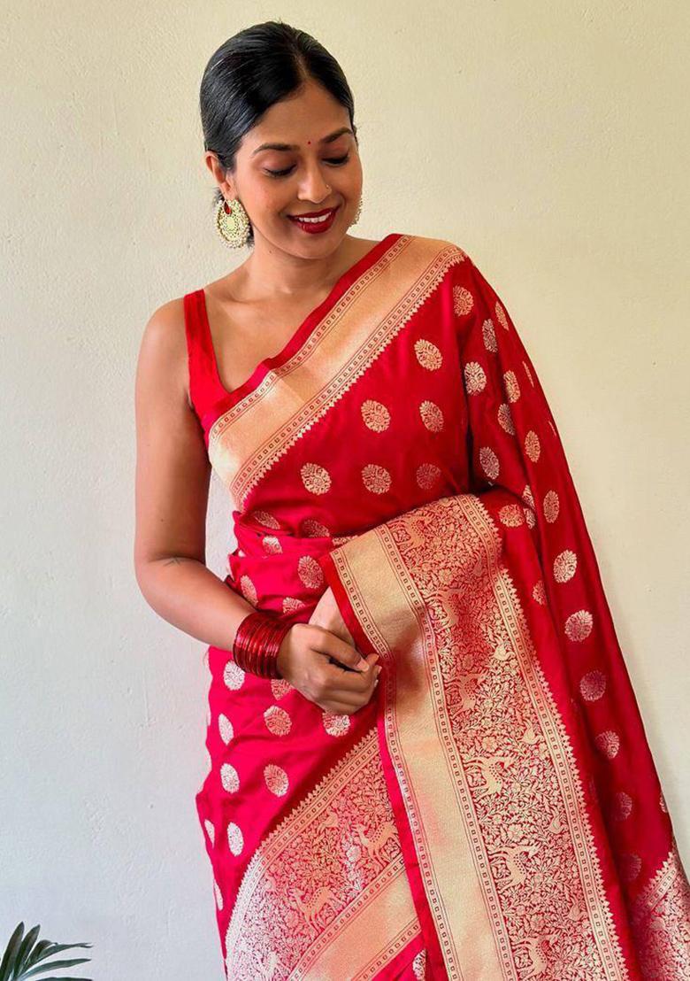 Red Embroidered Silk Saree Set