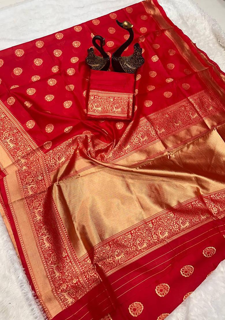 Red Embroidered Silk Saree Set
