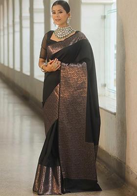 Black Embroidered Silk Saree Set