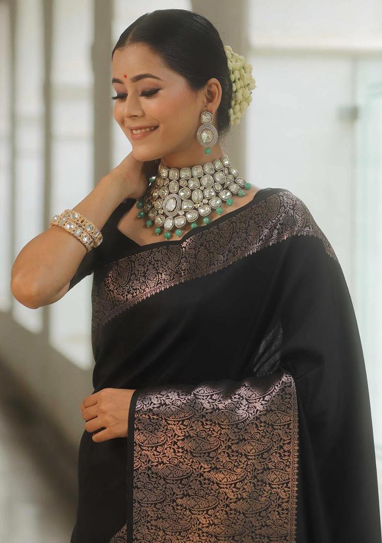 Black Embroidered Silk Saree Set