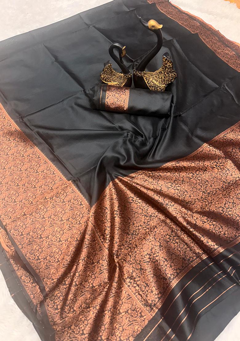 Black Embroidered Silk Saree Set