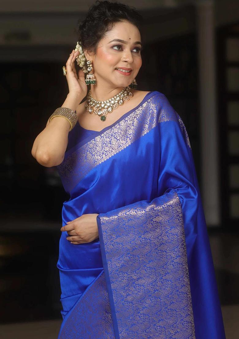 Blue Embroidered Silk Saree Set