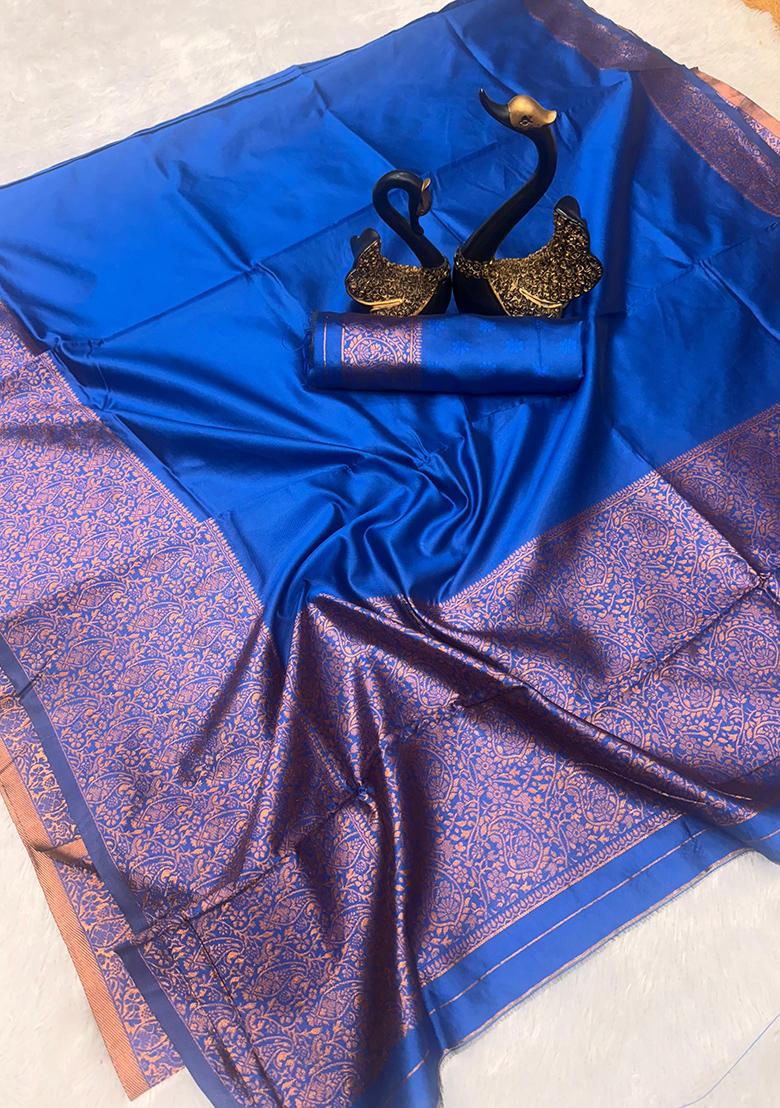 Blue Embroidered Silk Saree Set