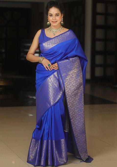 Blue Embroidered Silk Saree Set