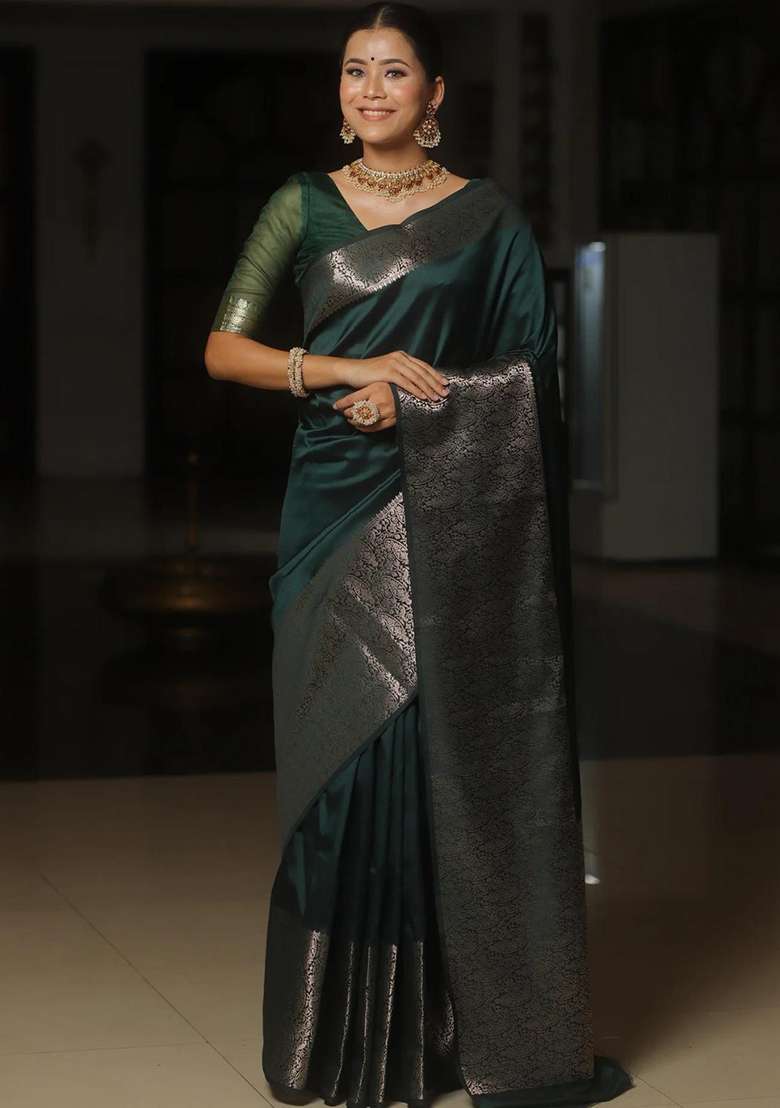 Green Silk Blend Saree Set with Embroidered for Diwali | Wedding & Festive Wear - Indya