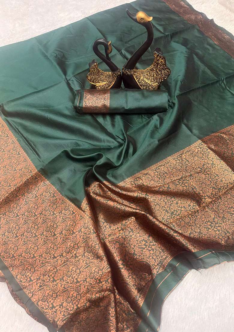 Green Silk Blend Saree Set with Embroidered for Diwali | Wedding & Festive Wear - Indya