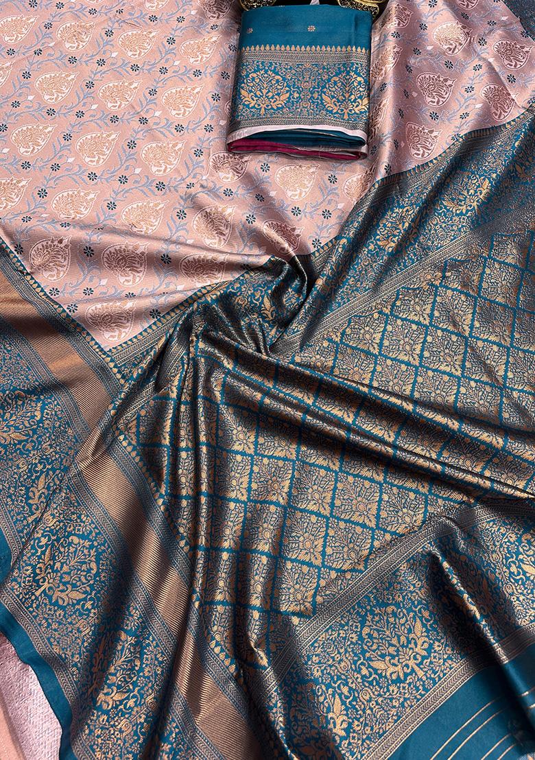 Peach Embroidered Silk Saree Set