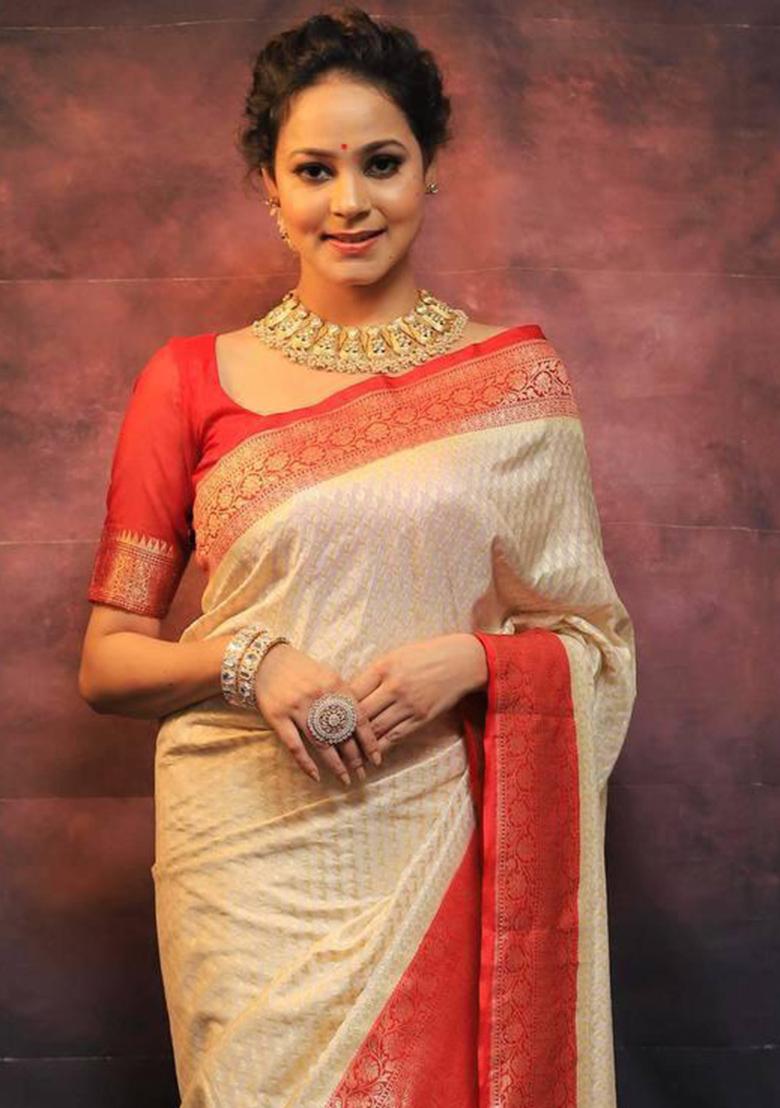 Cream Embroidered Silk Saree Set