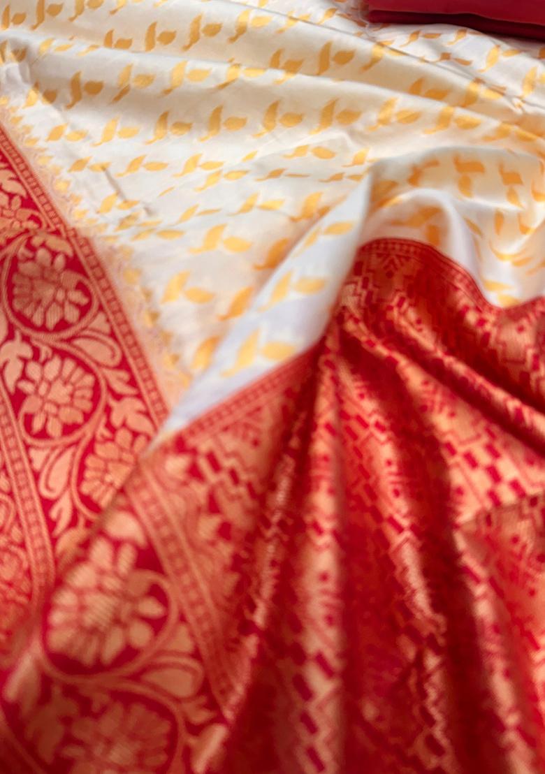 Cream Embroidered Silk Saree Set