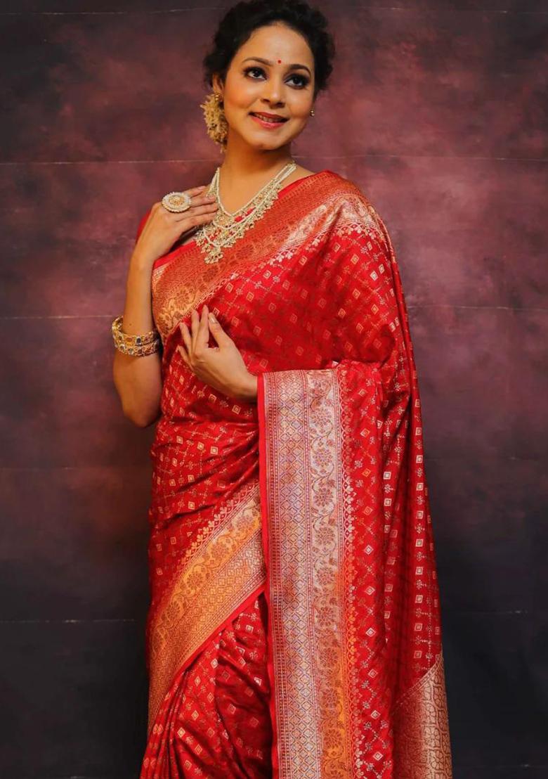 Red Embroidered Silk Saree Set