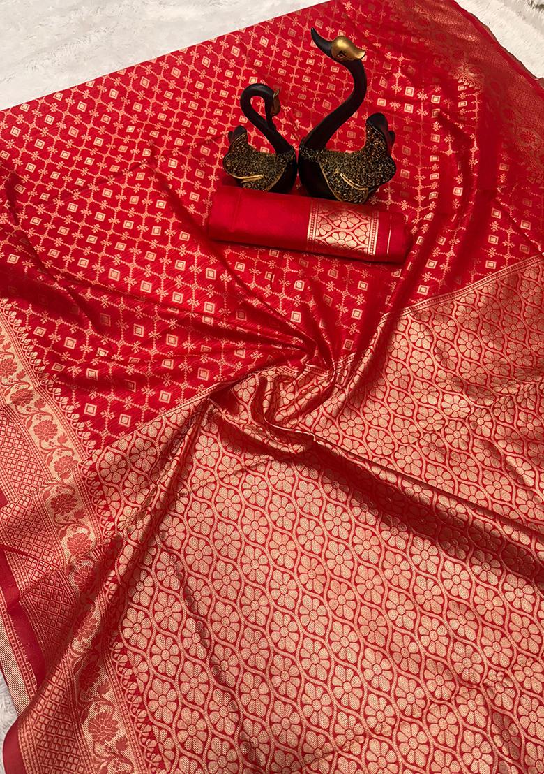 Red Embroidered Silk Saree Set