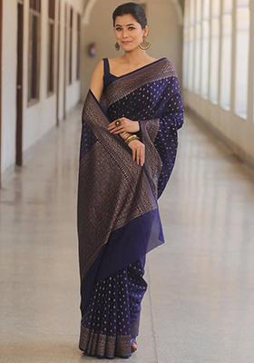Blue Embroidered Silk Saree Set