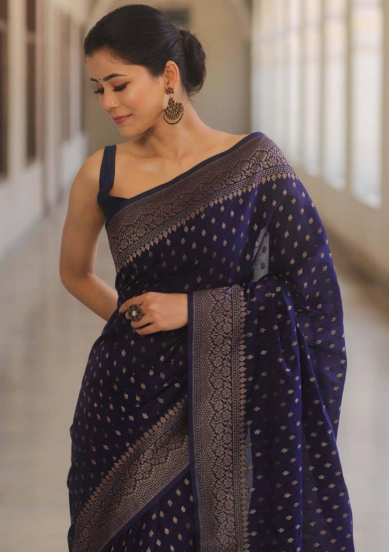 Blue Embroidered Silk Saree Set