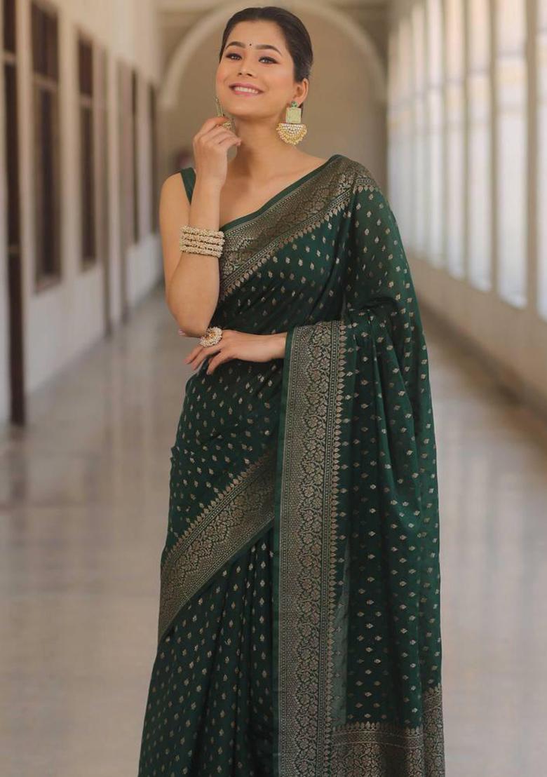 Green Embroidered Silk Saree Set