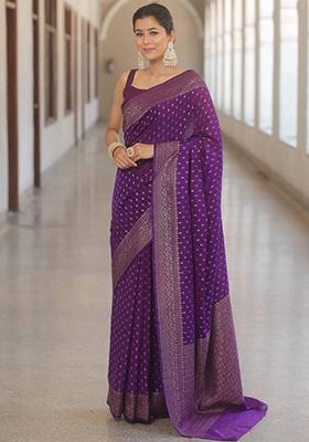 Purple Embroidered Silk Saree Set