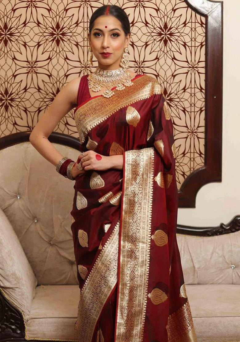 Maroon Embroidered Silk Saree Set