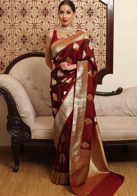 Maroon Embroidered Silk Saree Set