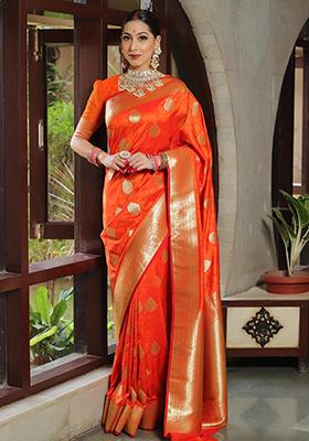 Orange Embroidered Silk Saree Set