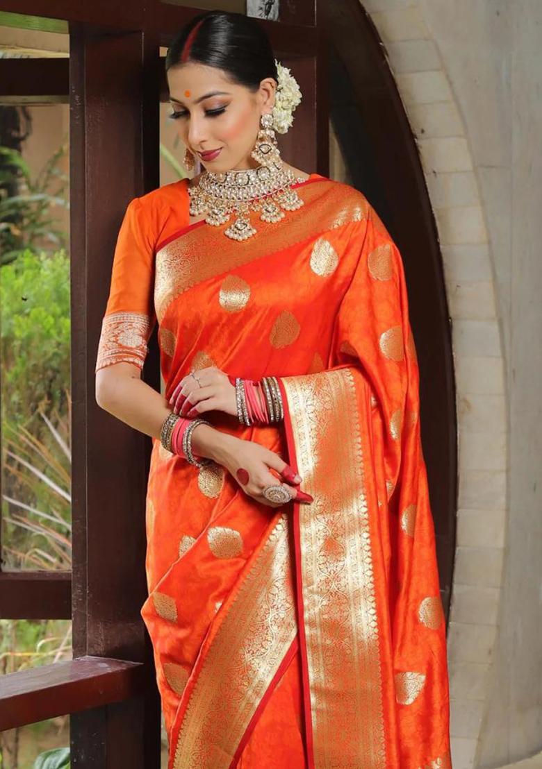 Orange Embroidered Silk Saree Set