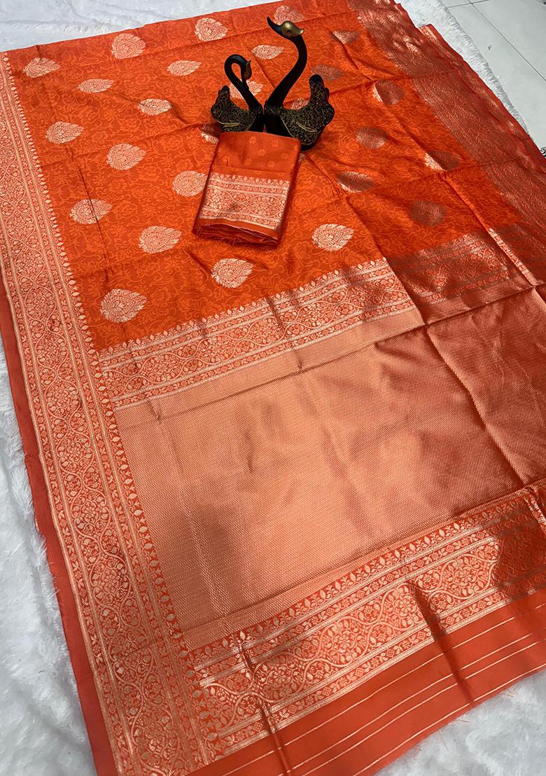 Orange Embroidered Silk Saree Set