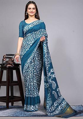 Blue Embroidered Cotton Saree Set