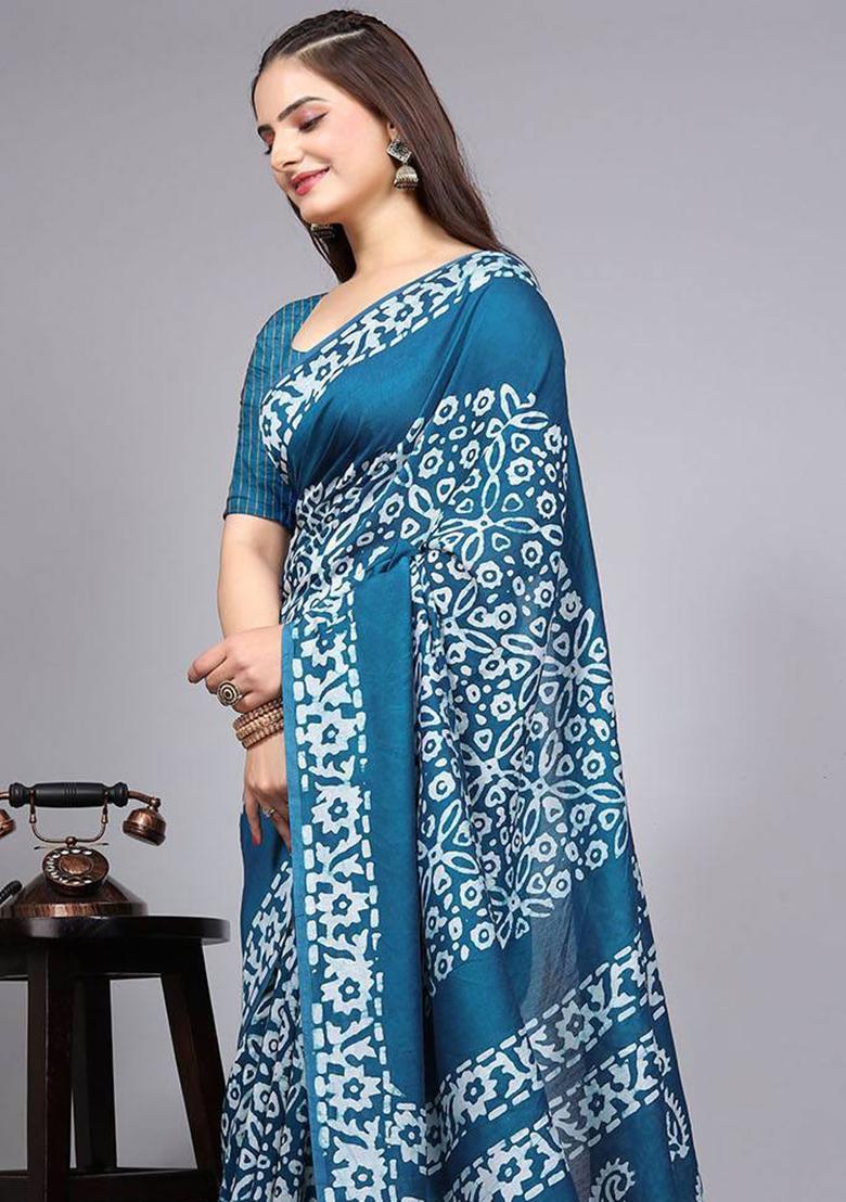 Blue Embroidered Cotton Saree Set
