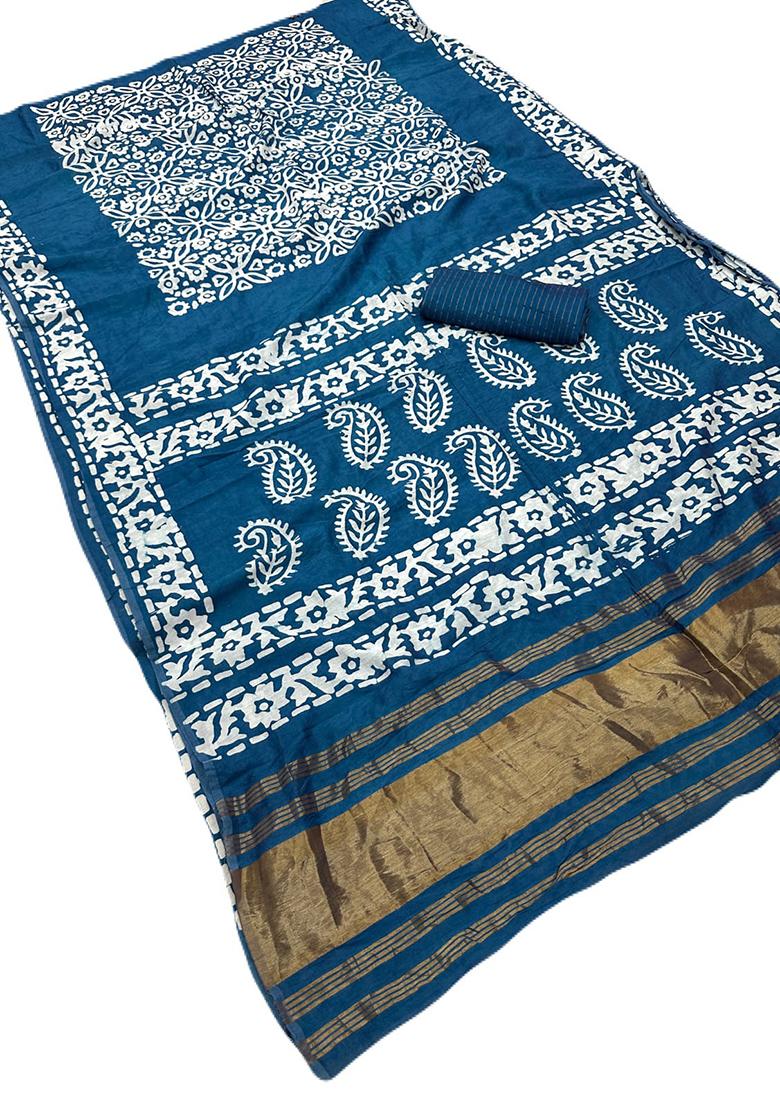 Blue Embroidered Cotton Saree Set